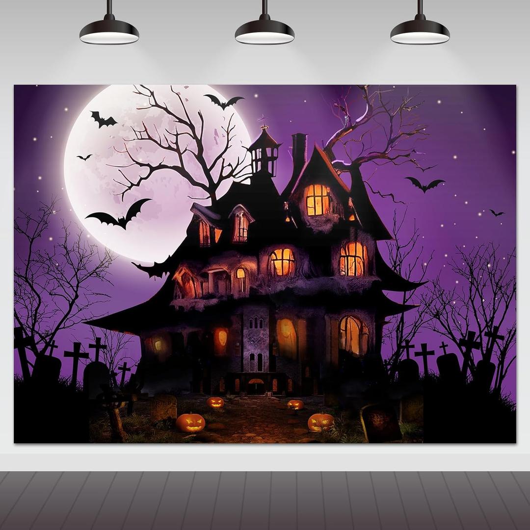 Mocsicka Halloween Backdrop for Photography Purple Night Moon Haunted House Background Spooky Cemetery Hollween Costume Party Decorations Banner Photo Studio Props (8x6ft)