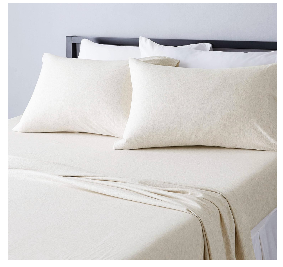 Basics 4 Piece Breathable 100% Cotton Jersey Knit Sheet Set, Stretchy Lightweight, Includes Flat and Fitted Sheets, Pillowcase, Full, Oatmeal