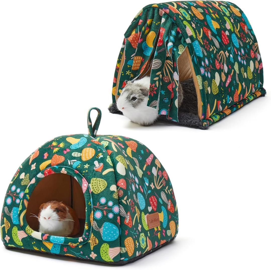 Guinea Pig Hideout Soft Large Bed Tunnel with Door Curtain 2 Pack Guinea Pig Toys Set Bunny Bed Cage Accessories for Small Animals (Blackish Green Mushroom)