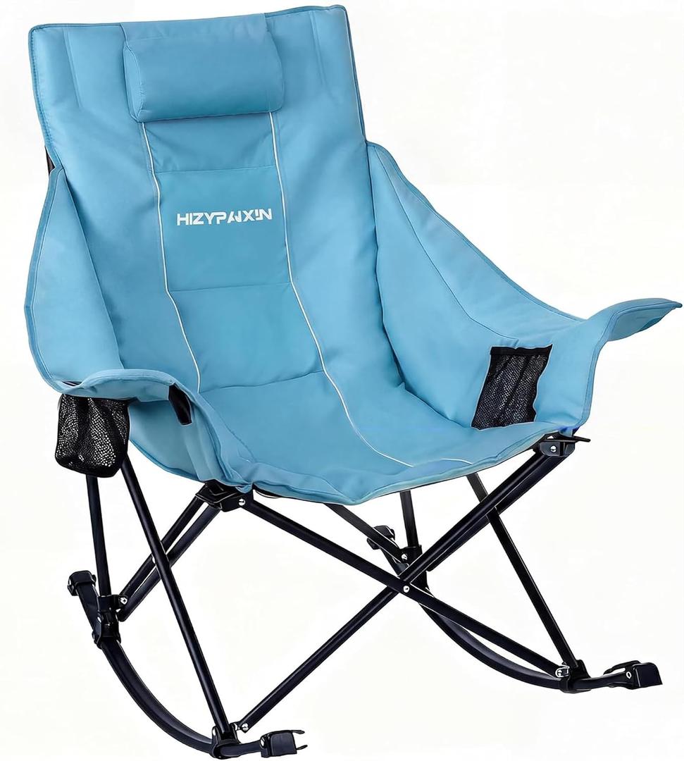 Oversized Rocking Camping Chair for Adults with Headrest, Portable Rocking Chair with Cup Holder, Side Pocket & Carry Bag, 400 lbs Heavy Duty Outdoor Rocker Chair for Camp, Patio, Blue