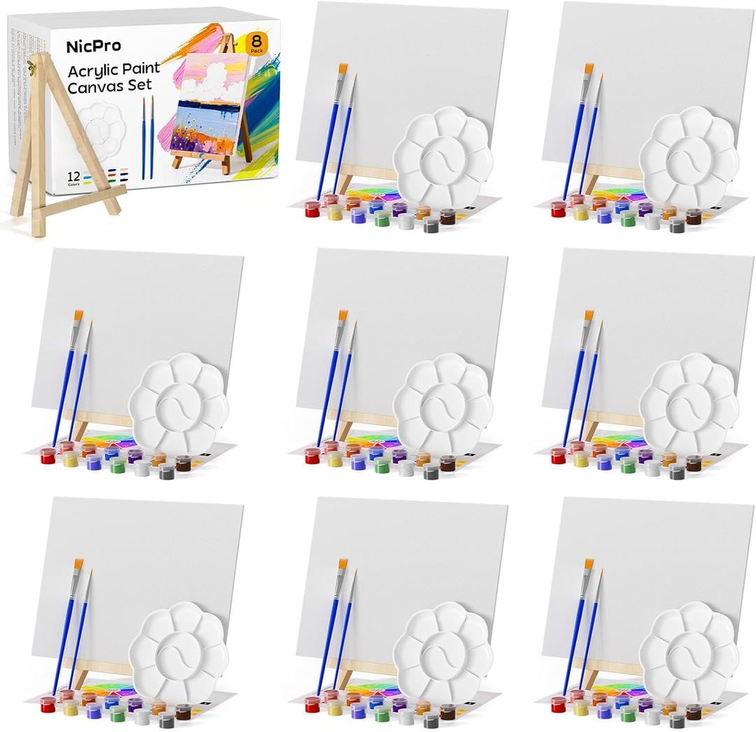 Nicpro 8 Pack 810 Inch Canvas Boards Kits for Painting, Art Canvas Set with 16 Brushes, 8 Paint Trays, 8  12 Acrylic Paint, Mini Drawing Easel Set, Sip and Paint Kit for Adults Party