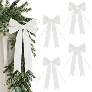 Christmas Bows for Gift Wrapping 8 X 14 Inch Long Velvet Ribbon Bows for Tree Wreath, Garland, Fireplace, Stairs, Mirror, Door, Holiday Crafts Decor, Pack of 4 (White)