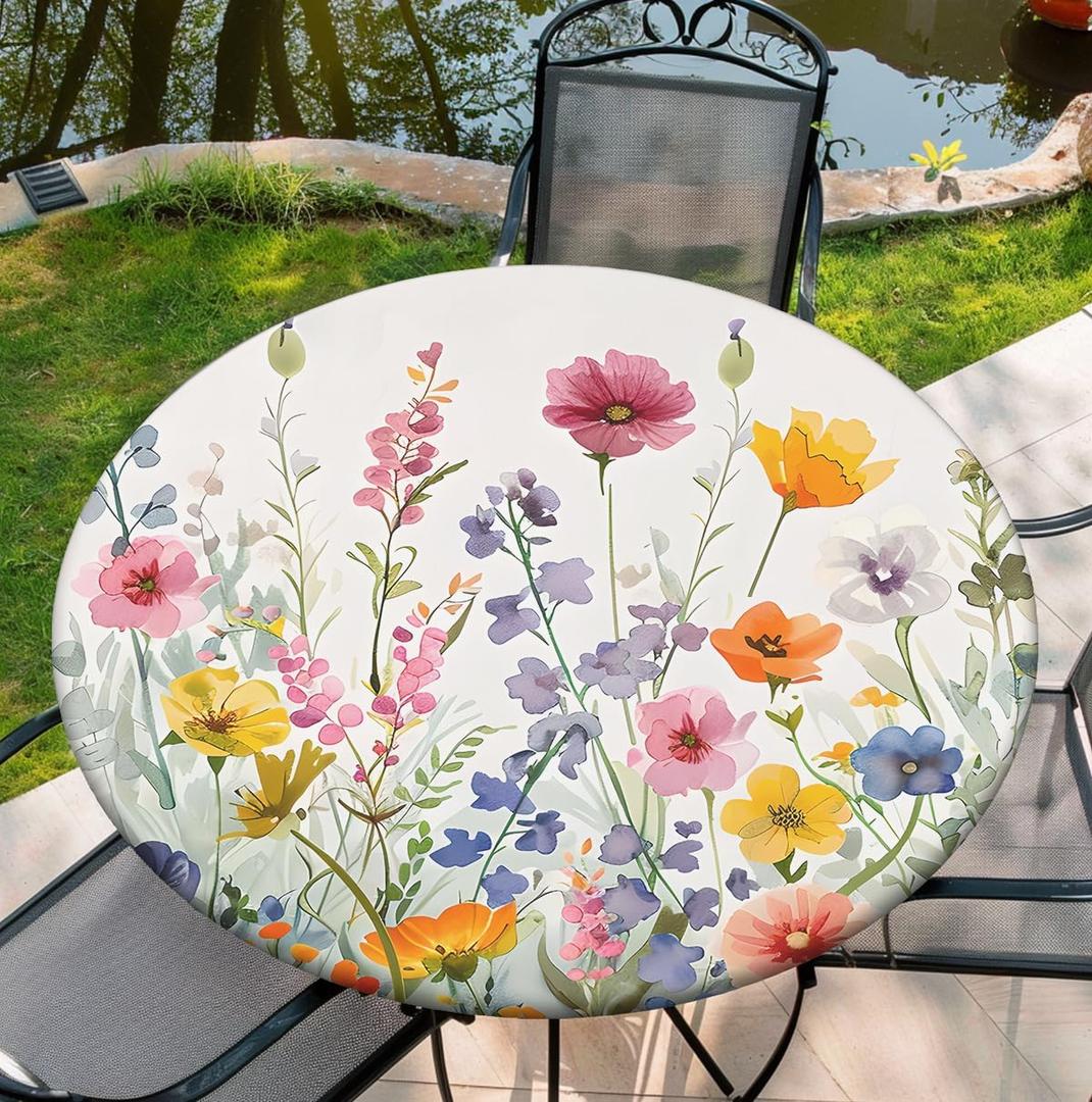 Round Tablecover Elastic Tablecloth Waterproof Fabric Table Cover for 36"-70" Round Table Fall Flower for Party, 36"