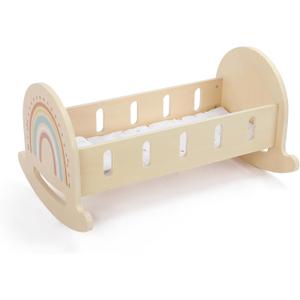 FReniland Wood Rocking Doll Crib for Dolls up to 18 Inches, Wooden Baby Doll Bed Dolls Cradle with Blanket & Pillow, Classic Pretend Play Toy for Kids Ages 3+