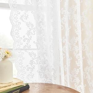 FOLKSIDE White Lace Curtains 90 Inches Long 2 Panels Paisley Floral Sheer Curtains for Living Room Bedroom Rod Pocket Light Filtering Curtains Large Window for Dining Room Decor Vintage Drapes, 52x90