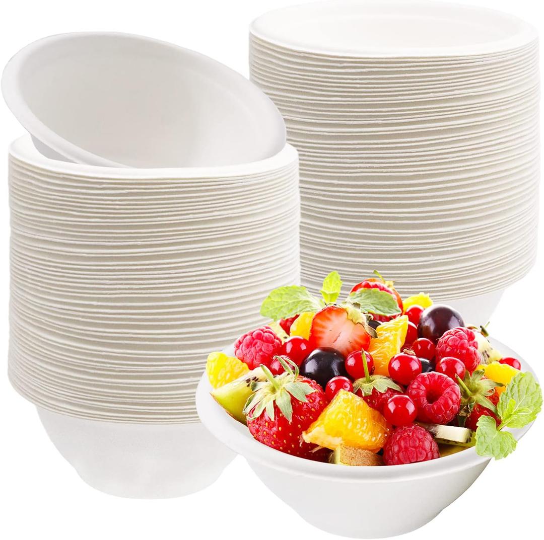 100 Pack 8 oz Disposable Paper Bowls,Compostable Bagasse Bowls,Small Biodegradable Heavy-Duty Bowl for Hot and Cold Food (White)