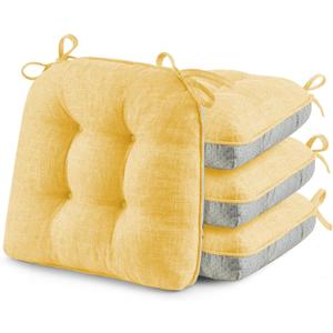 puredown Chair Cushions for Dining Chairs, Tufted Memory Foam Chair Pads with Non-Slip Backing, Kitchen Seat Cushions with Ties, Washable Pads Set of 4, 15.5" x 15.5" x 4", Yellow