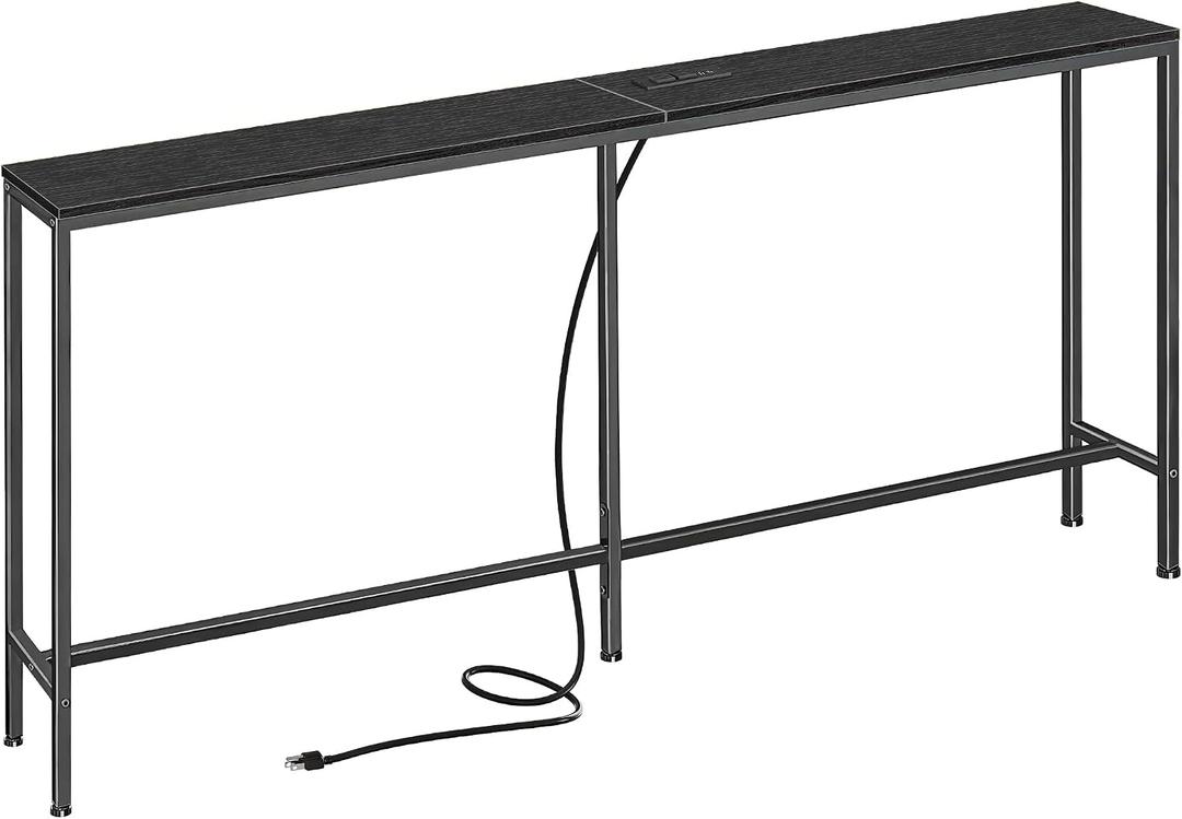 SUPERJARE 70 Inch Console Table with Outlet, Sofa Table with Charging Station, Narrow Entryway Table, Skinny Hallway Table, Behind Couch Table, for Living Room, Black