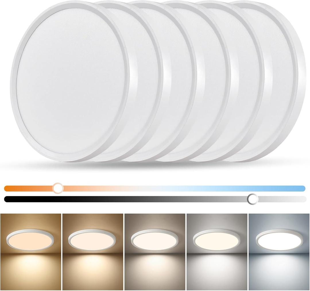 Dimmable 12Inch LED Flush Mount Ceiling Light, 24W, 2520LM, 2700K/3000K/4000K/5000K/6000K CCT Selectable,LED Round Flat Panel Light Dimmable from 5% to 100% for Bedroom,Kitchen,Hallway, White 6PK