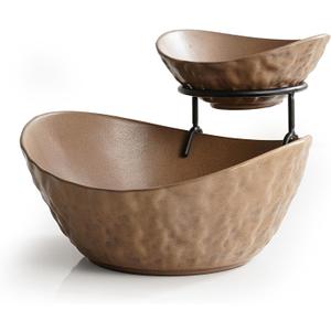 2 Tierd Fruit Bowl Set with Metal Stand Porcelain Fruit Basket for Kitchen Counter Fruit Holder Food Display Set for Party Fruit, Vegetable, Snack, Nuts, Brown