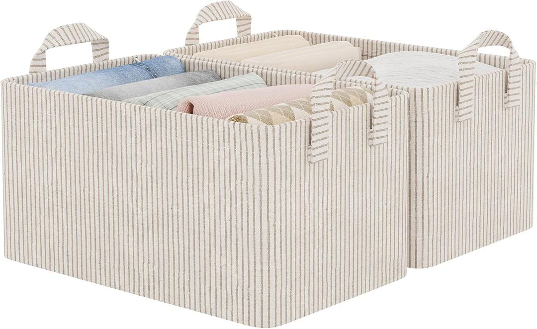 StorageWorks Storage Bins, Fabric Storage Bins for Shelves, Storage Baskets with Metal Frame, Closet Baskets and Bins with Handles, Khaki and Beige Stripes, 2-Pack (14 " L x 10 " W x 8 " H)