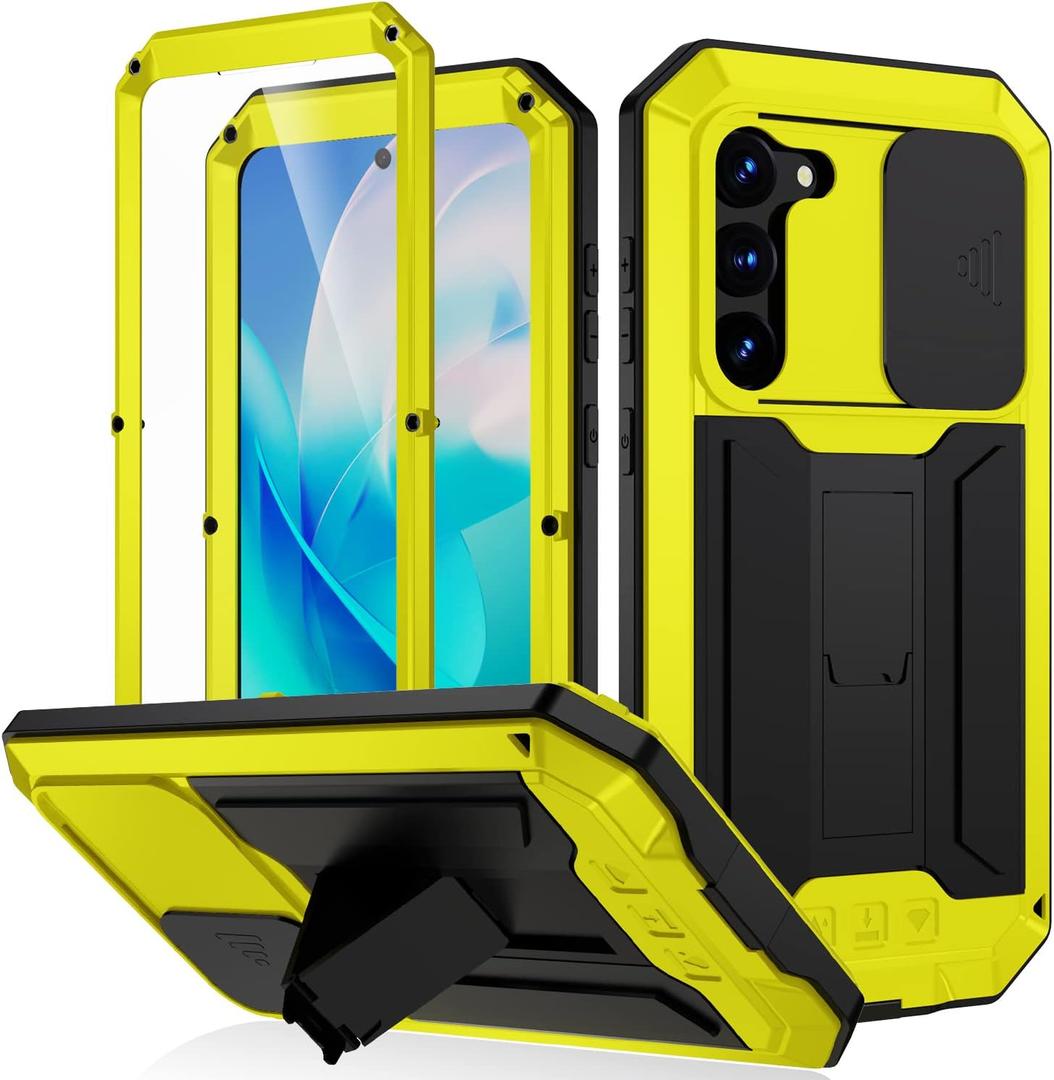 FW Samsung Galaxy S23 Metal Case with Slide Camera Cover Built in Screen Protector Full Body Hybrid S23 Case Metal Kickstand Military Heavy Duty Armor Silicone Case for Man Woman (Yellow)