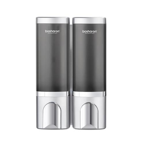 Shampoo and Conditioner Dispenser, Shower Soap Dispenser with 500ml per Chamber No Drilling Hole, Wall Mounted Shampoo Dispenser with Stickers, Screws Included (Sliver+2 chamber)