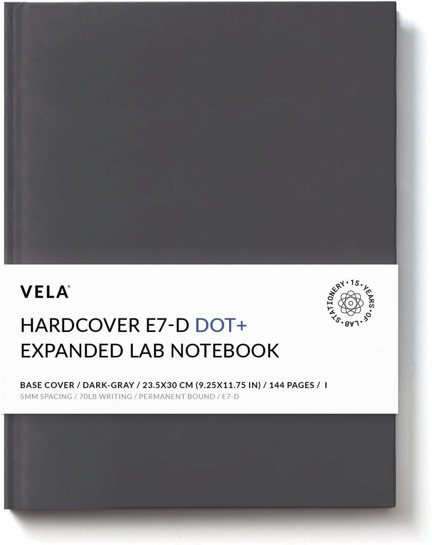 Vela Sciences Advanced E7-D Expanded Hardcover Lab Notebook, 9.25 x 11.75 in (23.5 x 30 cm), 144 Pages, Permanent Bound, 70lb Heavyweight Paper (1-Pack, Dot+)