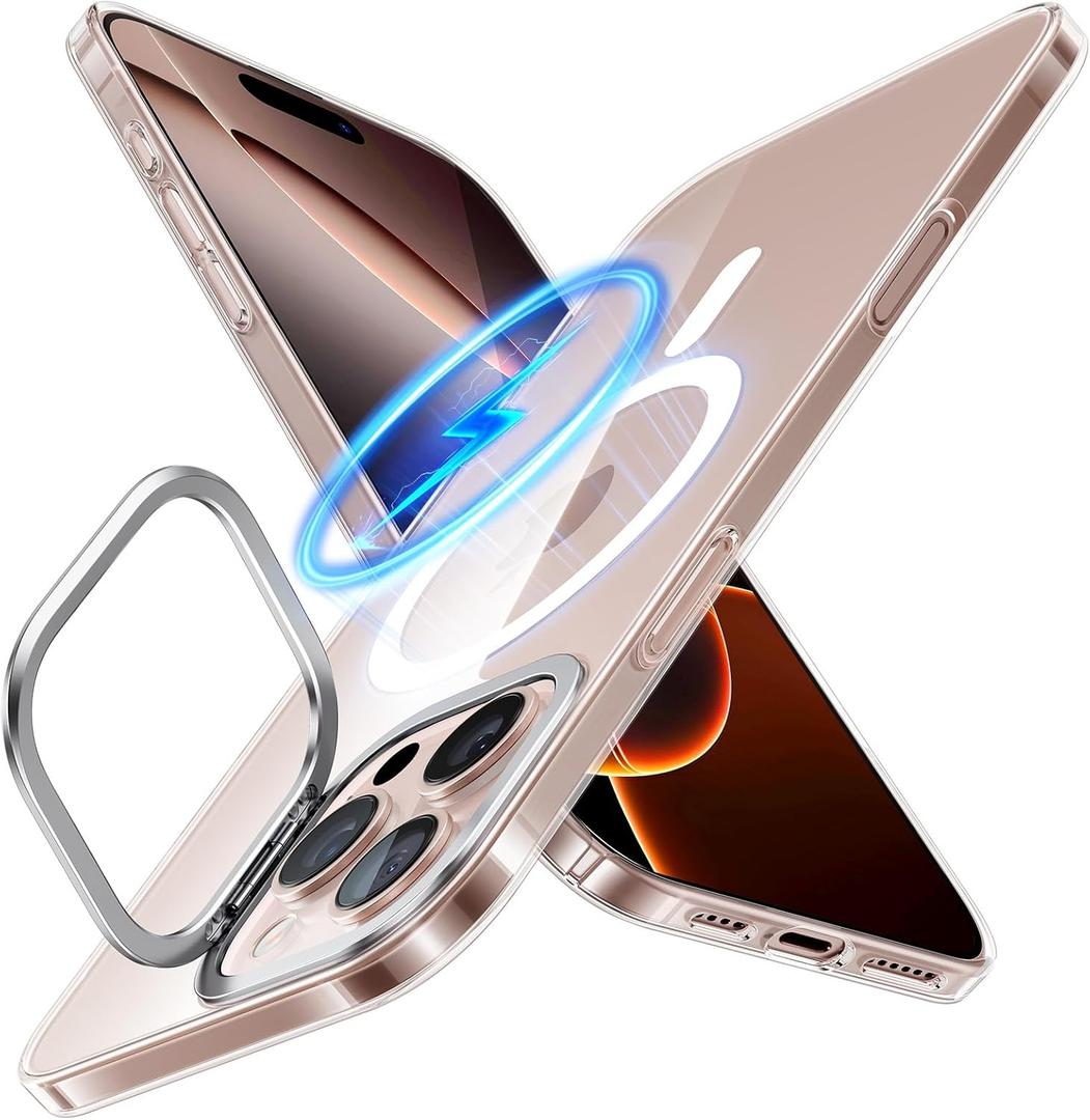 TORRAS Magnetic Slim Fit for iPhone 16 Pro Case with Stand, Compatible with MagSafe, Built-in Stash Stand, Ultra Thin 16 Pro Case, Lightweight Anti-Scratch Hard Phone Case 6.3 inch, Clear