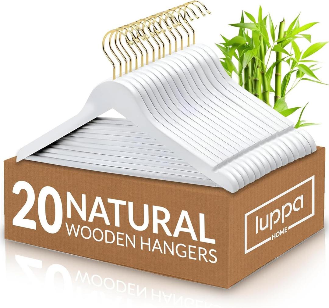 Wooden Hangers - Top Notch Durable & Slim Coat Hanger - Suit Hangers with 360-Degree Rotatable Hook - Wood Hangers with Shoulder Grooves (White+Gold, 20 Pack)