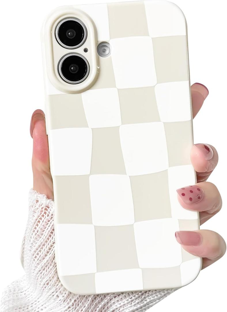 NITITOP Compatible with iPhone 16 Plus Case Cute Aesthetic Checkerboard Larger Blocks Pattern for Women Girl Trendy Slim Fit TPU Silicone Shockproof Full Camera Protection Cover - White