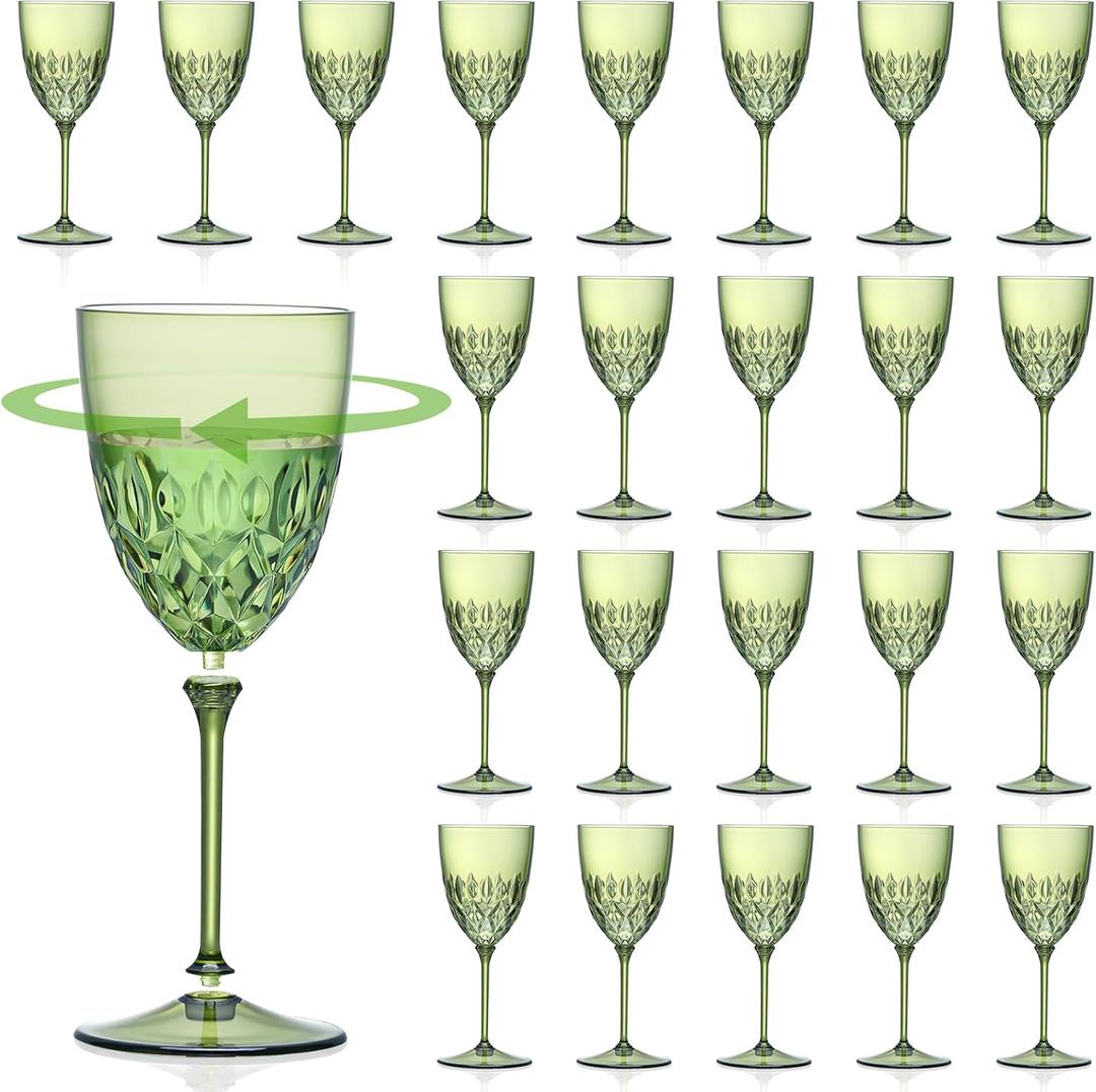 24 pcs Plastic Green Wine Glasses Set 7.4oz Detachable Small Wine Goblet Champagne Flutes Unbreakable Vintage Diamond Stemware Mimosa Drinking Glassware for Wedding Christmas Event Party