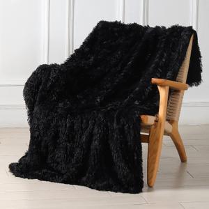 Tuddrom Decorative Extra Soft Faux Fur Throw Blanket 50" x 60",Reversible Fuzzy Long Hair Shaggy Throw Blankets, Fluffy Cozy Plush Fleece Comfy Microfiber Fur Blanket for Couch Sofa Bed, Black (Throw-50" x 60")