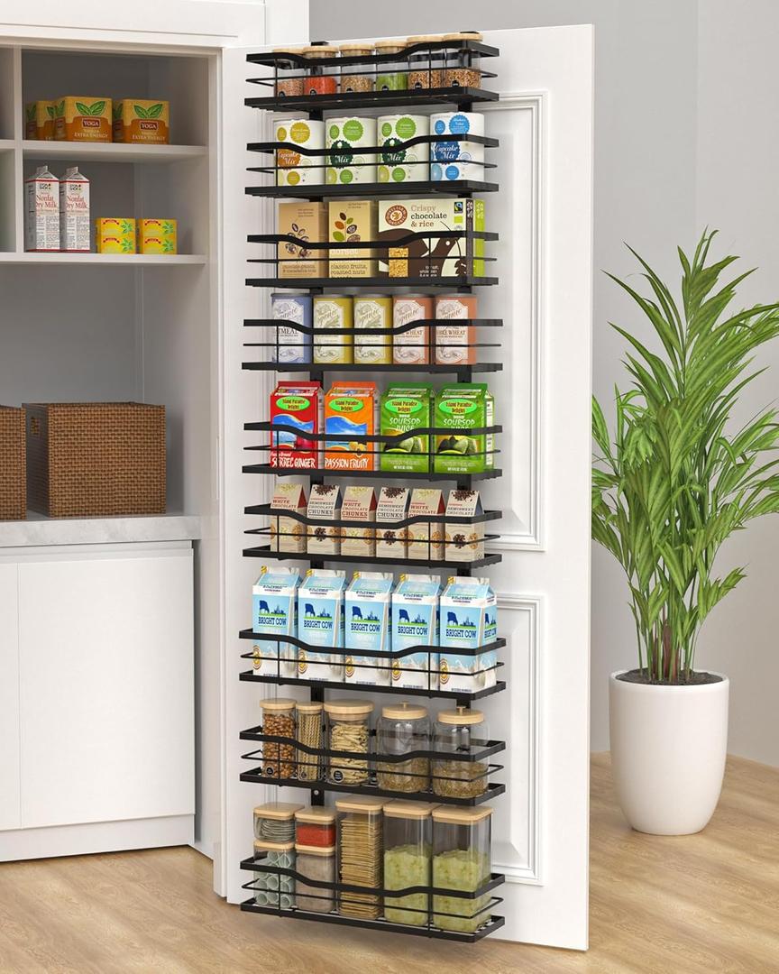 9-Tier Over The Door Pantry Organizer, Metal Pantry Organizers and Storage with Adjustable Basket, Spice Rack Seasoning Shelves, Over the Door Organizer for Pantry Kitchen Laundry Bathroom (Black)