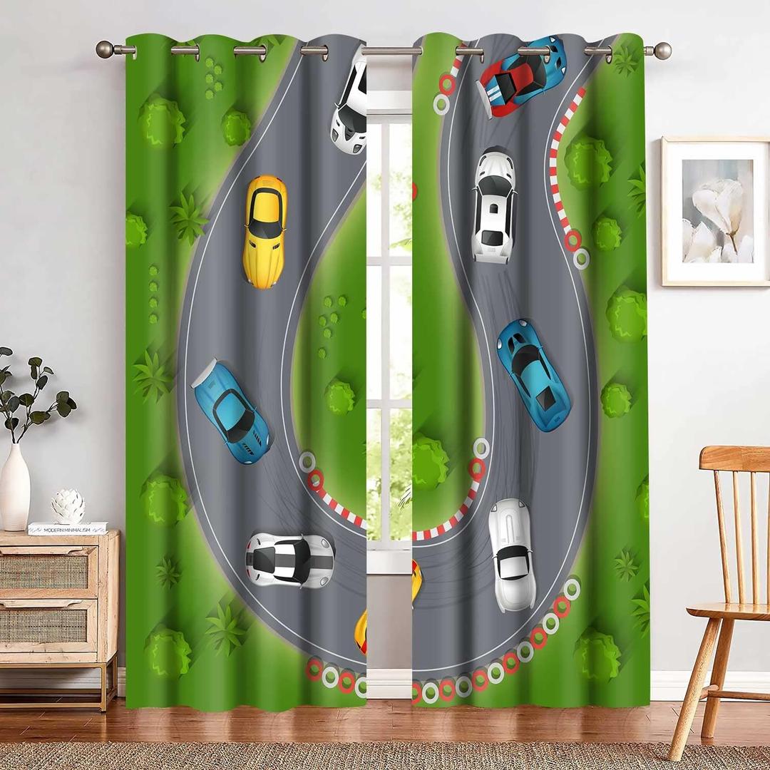 Car Racing Curtains Extreme Sports Drift Over Curves Kids Boys Motorsports Themed Blackout Curtain Green Jungle Race Track Window Treatments for Bedroom Living Room 2 Panels 42x84 inch