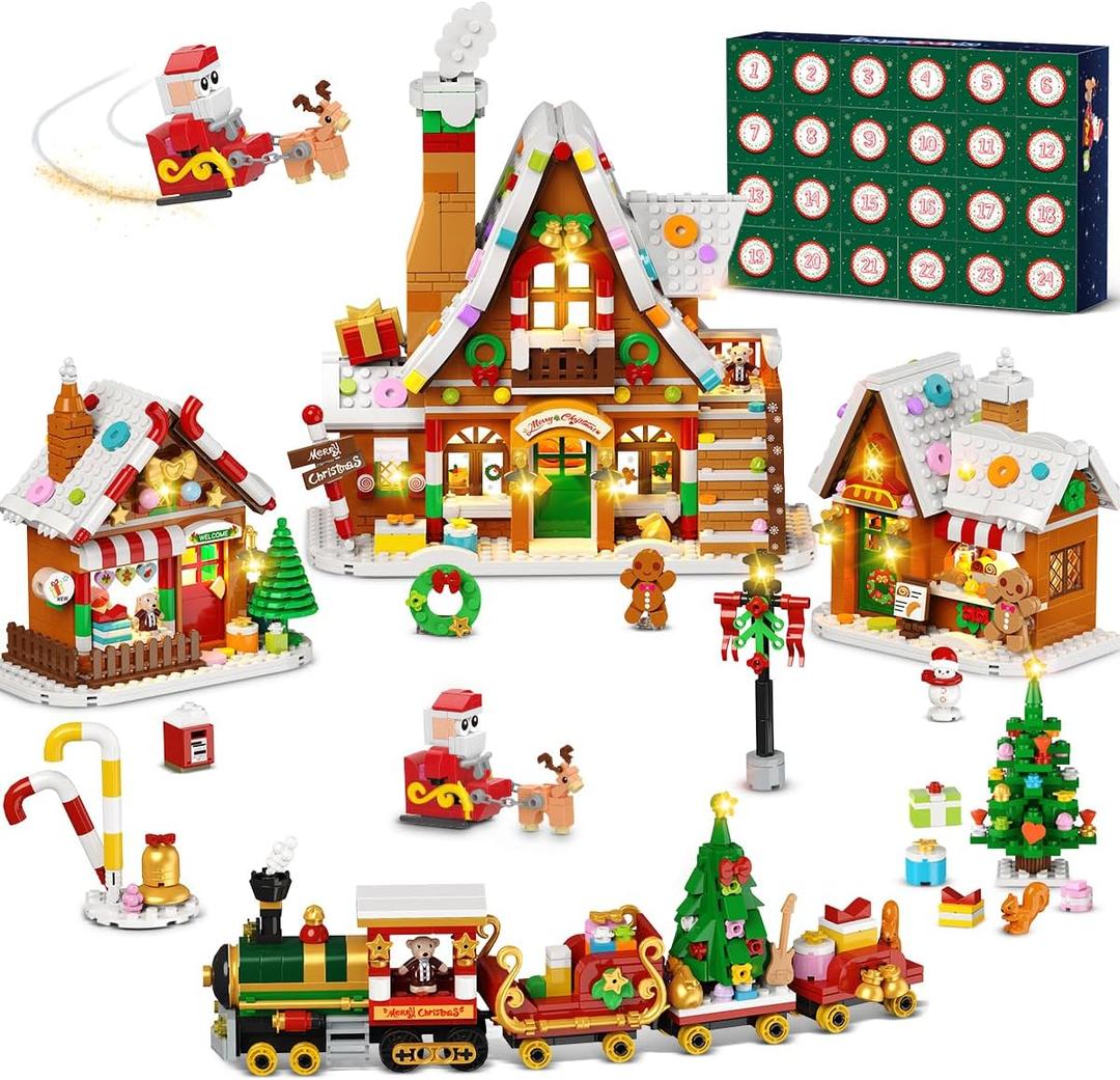 Advent Calendar 2025 Gingerbread House Mini Building Set with Light, 24 Days Countdown Christmas Village Building Blocks with Xmas Tree Train, for Adults Kids Girls Boys Ages 12+