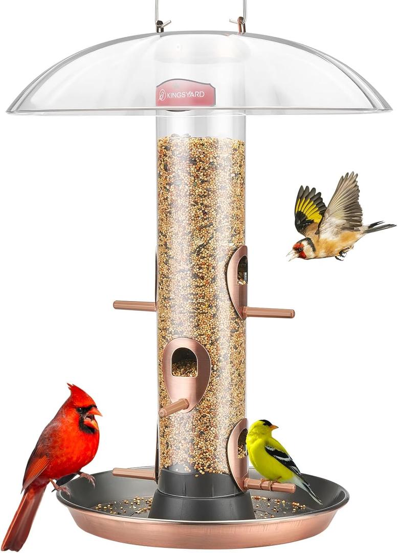 Kingsyard Metal Bird Feeders for Outdoors Hanging, Wild Bird Feeder with Large 11.5" Protective Dome and 8" Removable Tray, 3 lb Seeds Capacity (Antique Copper)