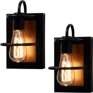 Farmhouse Wall Sconces Lamp Set of 2, Modern Industrial Wall Sconces Lighting Indoor with E26 Base Faux-Wood Color Matte Black Finish, Vintage Wall Mount Light Fixture for Bedroom Living Room Stairway