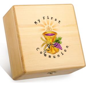 Wonderjune First Communion Wooden Keepsake Box First Holy Communion Gift Cross Rosary Jewelry Box Baptism Gift Memory Storage Box(7.7 x 7.7 x 4 Inches)