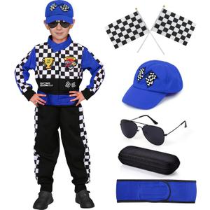 Latocos Kids Race Car Driver Costume Boys Girls Racer Jumpsuit With Car Cap Sunglasses Kids Dress Up Role Play for Halloween (XL(10-12), Blue)