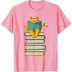 Reading Cat - Funny Book & Tea Lover Gift Short Sleeve T-Shirt Pink 3XL
