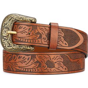 WOWOGO Western Cowgirl Belts for Women Country Cowboy Vintage Leather Engraved Buckle Belt for Jeans Dresses (Fit waist 34-37 inches, 05-brown(flower & Cow))