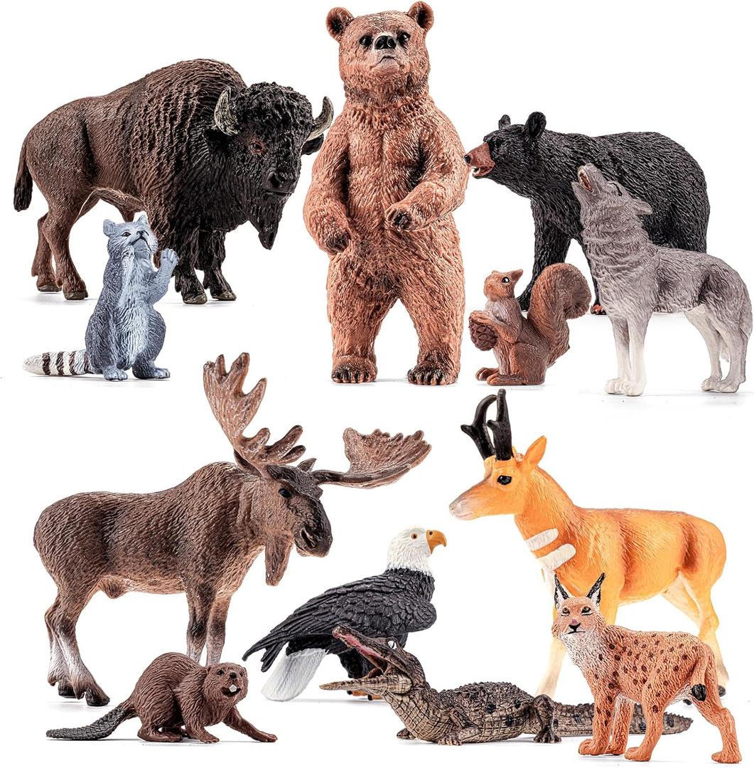 12PCS Large North American Animal Figurines, Realistic Safari Woodland Jungle Animals Figures Toys Includes Crocodile,Wolf,Bear,Deer, Birthday Gift Party Favors Valentine's Day Gifts for Kids