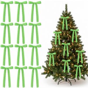 Hoteam 12pcs Large Furry Christmas Bows 11 x 18 Inch Faux Fur Tree Topper Decorations Rustic Fluffy Ornaments for Christmas Tree Wreath Door Porch Farmhouse Holiday Party Decor(Green)