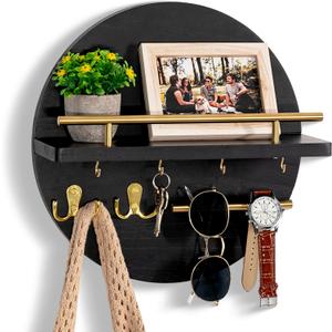 Key Holder for Wall Decorative with Shelf and Hooks, Mail Organizer Wall Mount with Sunglasses Holder, Circular Design Entryway Key Rack Hanger, Rustic Home Decor (black&gold)