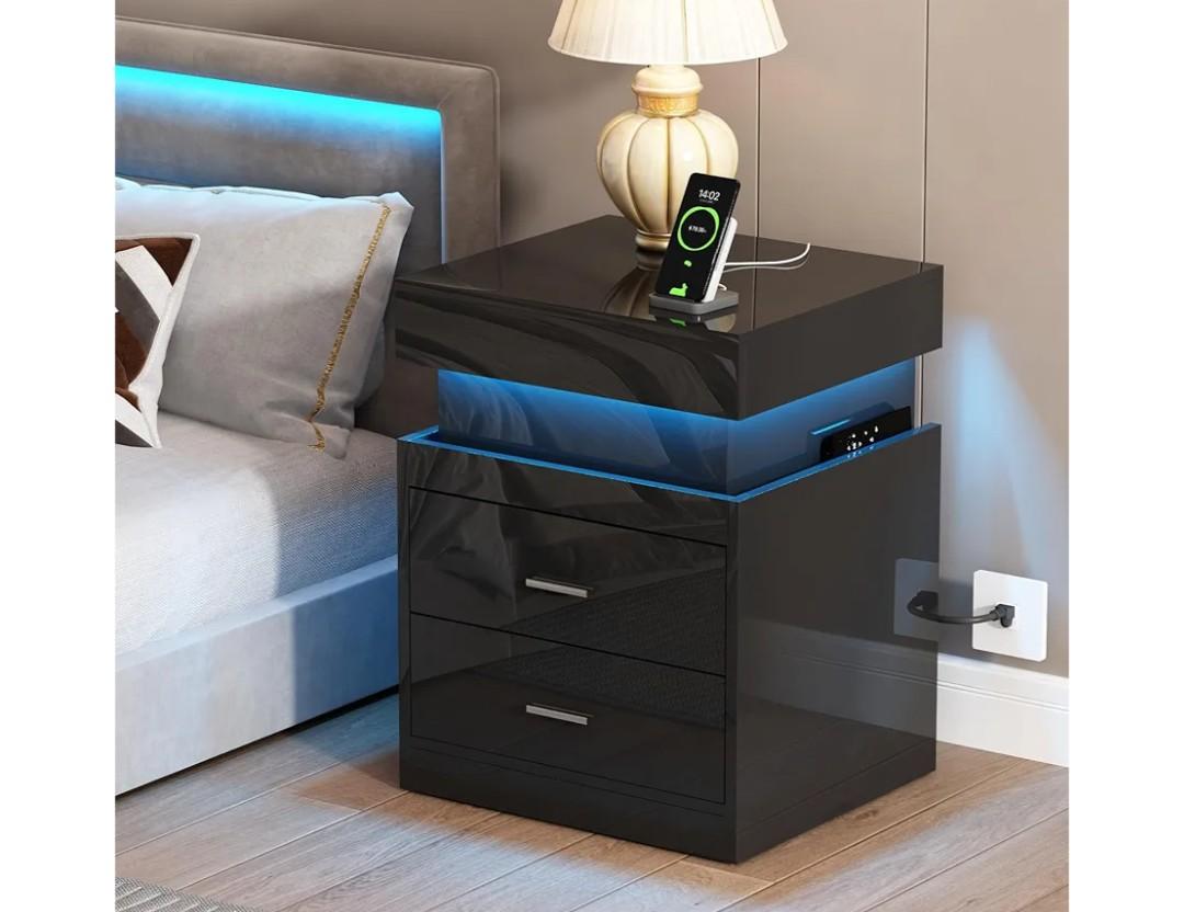 ChooChoo LED Nightstand with Charging Station,Smart Night Stand with Sliding Top Storage, 2-Drawers High Gloss Bedside Table, Modern End Table for Bedroom,Black