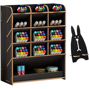 Marbrasse Wooden Pen Organizer, Multi-Functional DIY Pen Holder Box, Desktop Stationary, Easy Assembly, Home Office Art Supplies Organizer Storage with Drawer (B12-Black)