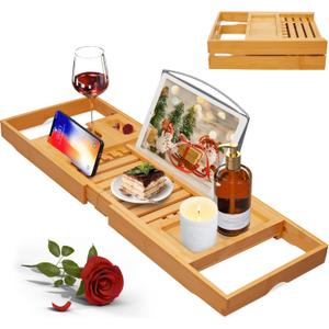 Artmalle Luxury Bathtub Caddy Tray for Tub - Foldable Bamboo Bath Table Tray with Book and Wine Glass Holder, Expandable Bathroom Accessories for Spa or Reading Lite Style (Natural)