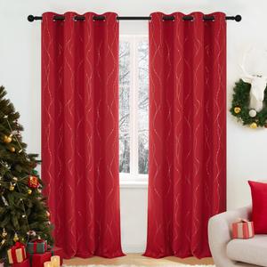 Deconovo Blackout Curtains 2 Panels for Bedroom and Living Room, Gold Foil Wave Lines and Dots, Thermal Insulated Room Darkening Grommet Window Drapes for Nursery and Kids Room, Red, 52W x 84L Inch Red