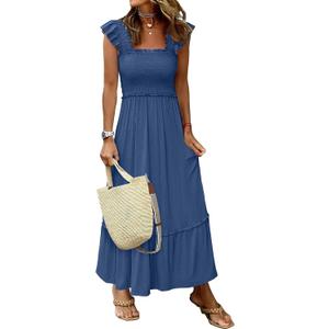 ANRABESS Womens Summer Sleeveless Maxi Dress Square Neck Smocked Boho Casual Ruffle Strap Flowy A-Line Long Beach Sundress (Medium, Blue)