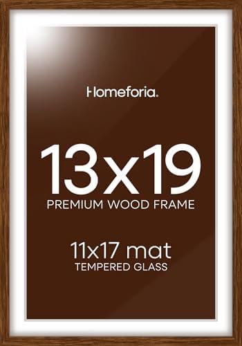 Homeforia 13x19 Picture Frame Brown, High End Dark Oak 13x19 Wooden Frames with Mat 11x17, 13 x 19 Walnut Wood Poster Frame Matted to 11 by 17, 19x13 Hanging Frames, Tempered Glass, Wall Kit, Set of 1