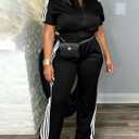 HBQ Women's Two Piece Tracksuit Set Short Sleeve Zip Up Polo Top Side Stripe Flare Pants with Pocket Athletic Casual Outfit XL