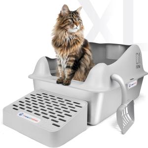 Enclosed Stainless Steel Cat Litter Box with Lid, XL Extra Large Litter Box for Big Cats, High Sided, Never Absorbs Odors, Non-Sticky, Anti-Leakage, Easy Cleaning (24" L x 16" W x 12" H, Grey)