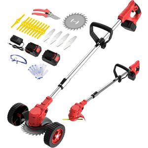 Cordless Weed Wacker Eater Battery Powered, 21V Electric Weed Trimmer with 2 Battery Operated & Charger & Wheels & Shears, 3 in 1 Lightweight No-String Grass Trimmer/Brush Cutter/Lawn Edger for Garden