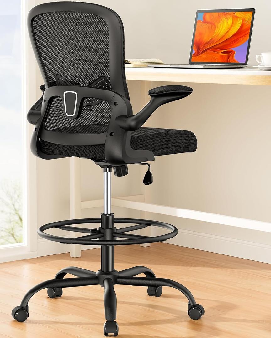 ErGear Drafting Chair, Standing Desk Chair with Flip-Up Armrests, High Desk Chair Adjustable Height, Ergonomic Tall Office Chair with Lumbar Support and Adjustable Footrest Ring (Black)