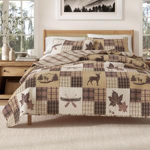 Great Bay Home Lodge Quilt Set - 3-Piece Full/Queen Size Rustic Bedding Set - Lightweight, All-Season, Reversible Bedspread (Deer & Leaf Patchwork)