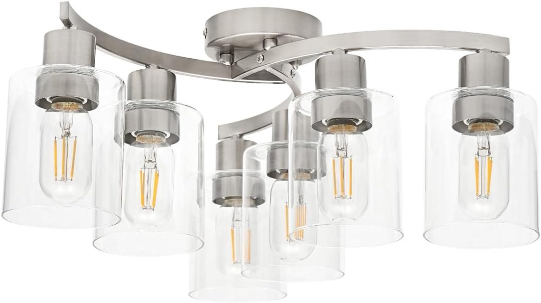 WILON 6-Light Large Brushed Nickel Semi Flush Mount Ceiling Light Fixture, Modern Light Fixtures Ceiling Mount with Clear Glass Shade, Industrial Ceiling Lamp for Dining Room Kitchen Living Room
