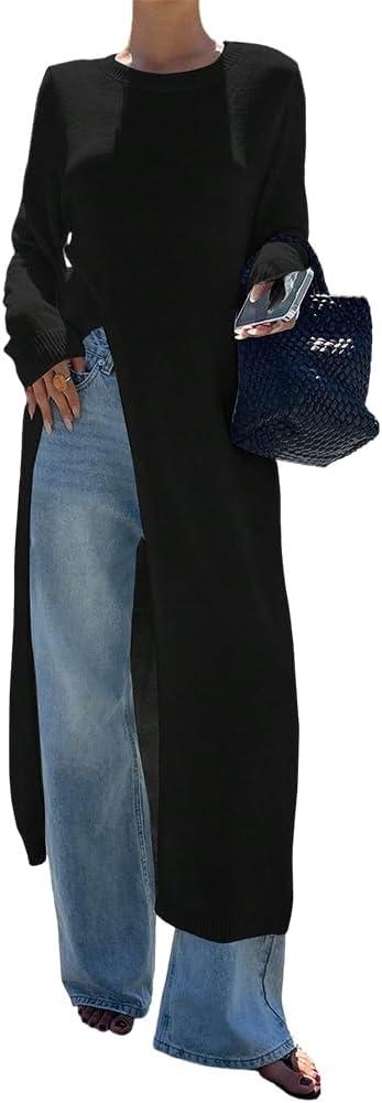 Women Trendy Split Hem Crew Neck Maxi Knit Sweater Casual Loose High Slit Long Sleeve Long Dress Shirt Streetwear (Small, Black)