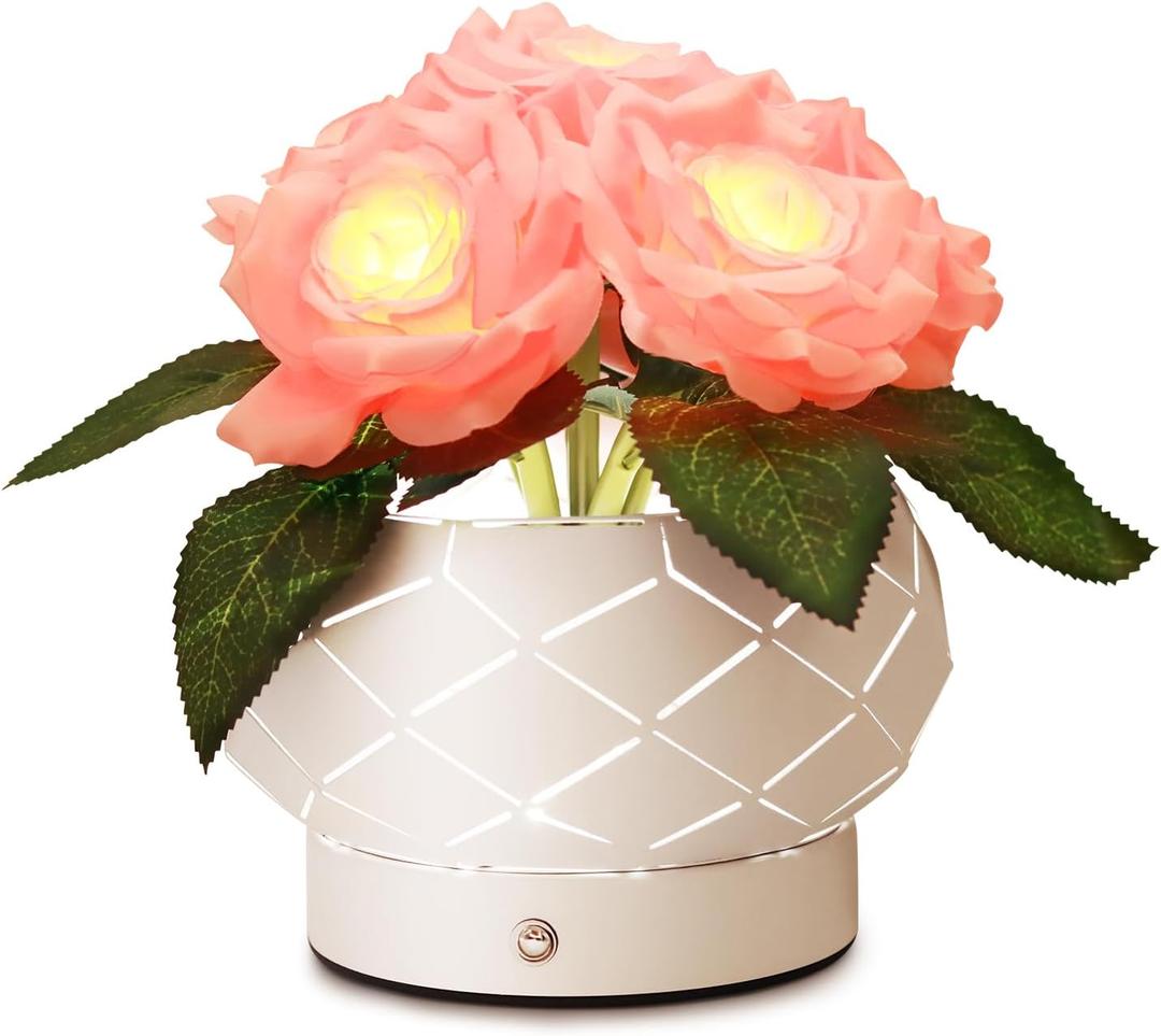 Roses Flower Touch Table Lamp,Rechargeable Cordless 3-Colour Dimming Small Night Light for Festival Housewarming Home Decor Birthday Gifts for Bedroom, Living Room Dining Room