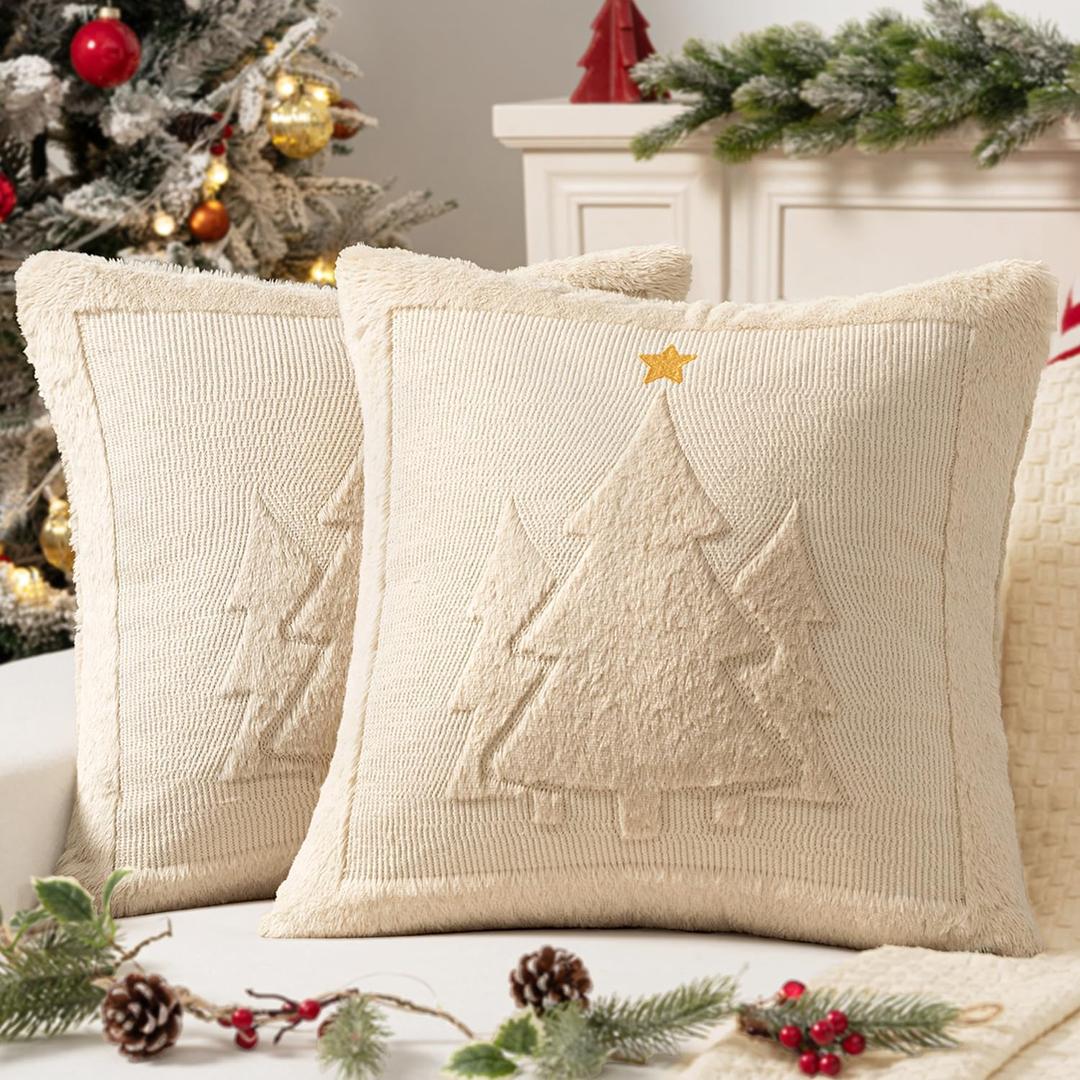 MIULEE Christmas Trees Pillow Covers Set of 2 Decorative Soft Throw Pillows Plush Faux Fur Wool Embroidered Couch Cushion for Holiday Winter Home Decor Chair Sofa Bedroom Living Room,Beige 18x18inch